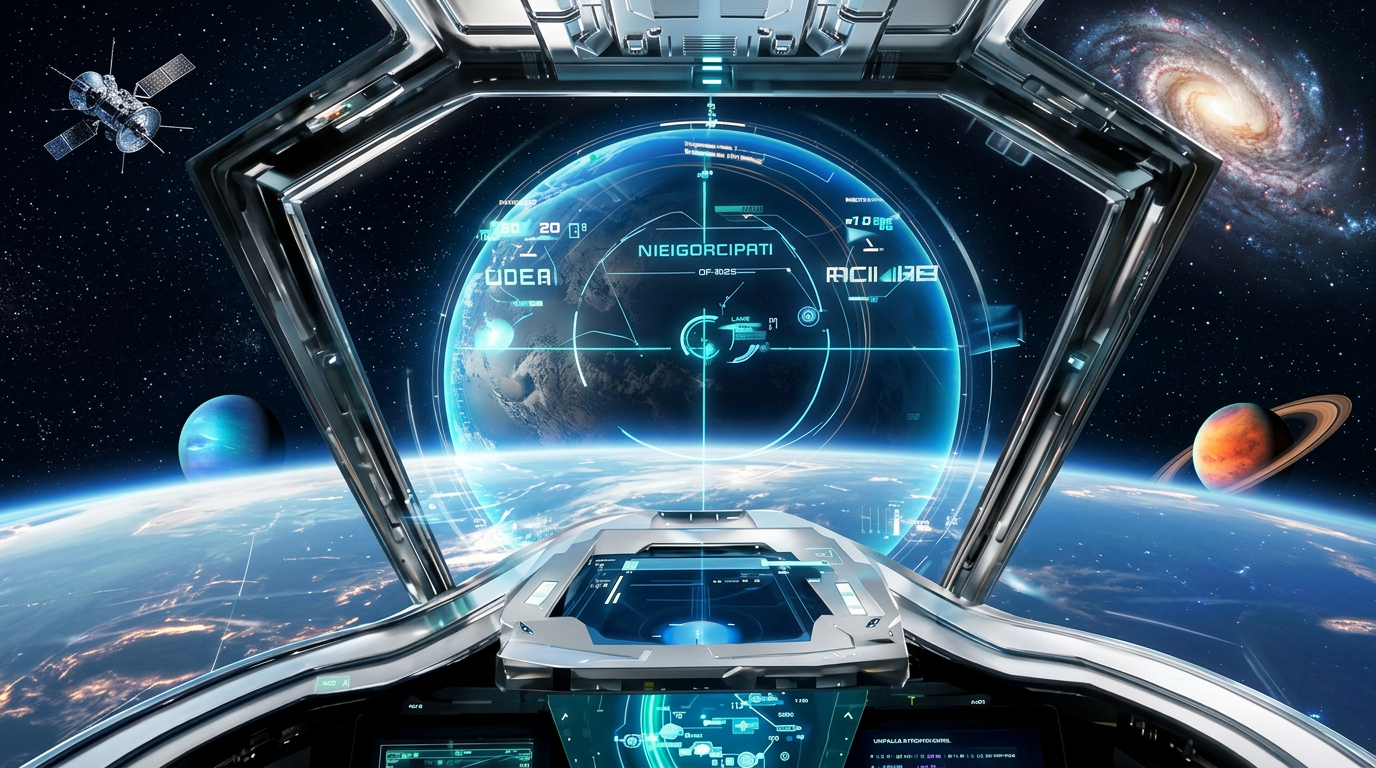 Vista do cockpit da nave sobre um planeta